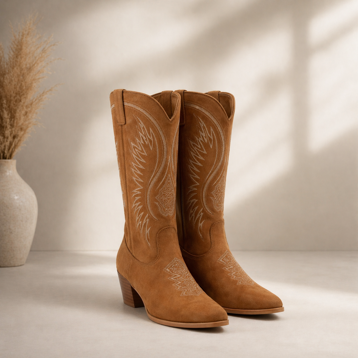Women’s Cowboy Boots - Suede pattern with Block Heel