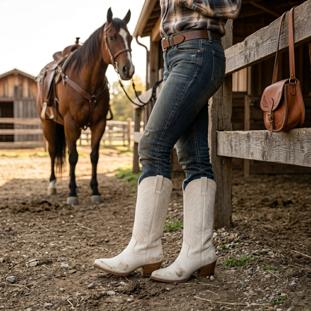 Women’s Cowboy Boots - Suede pattern with Block Heel
