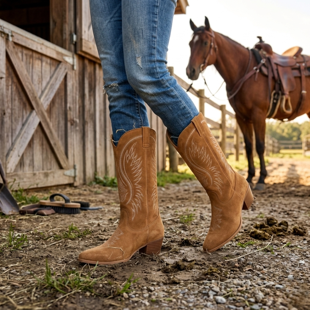Women’s Cowboy Boots - Suede pattern with Block Heel